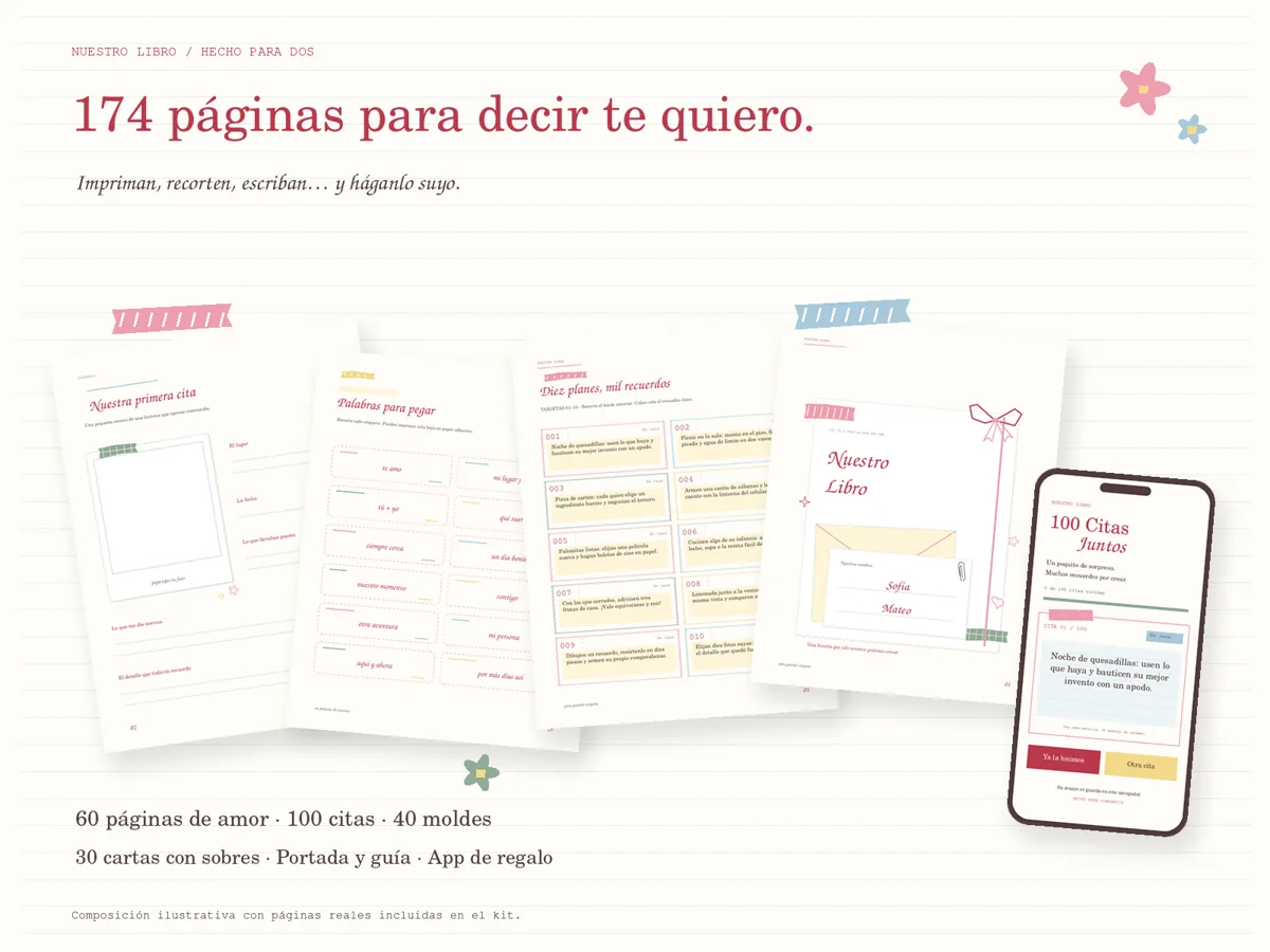 Composición de las páginas reales del kit principal y representación de la app